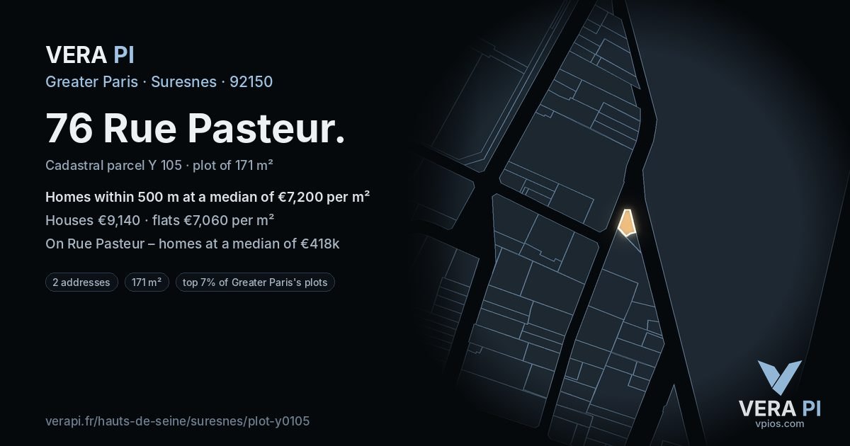 76 Rue Pasteur, Suresnes at night – the plot lit, the parcels around coloured by the prices near them