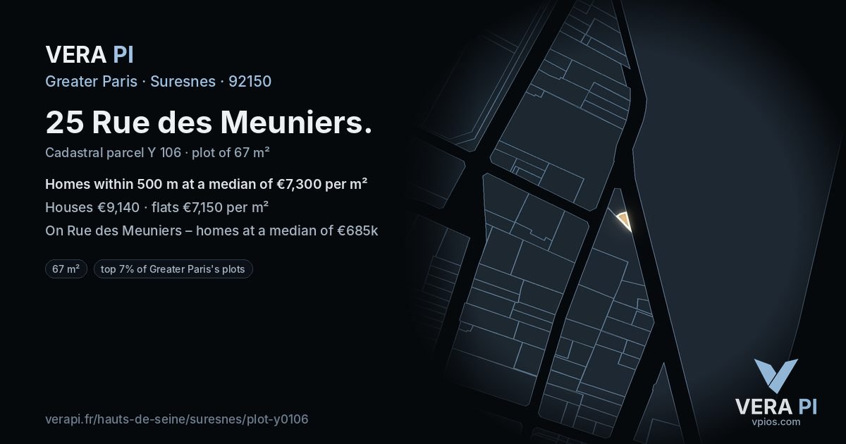 25 Rue des Meuniers, Suresnes at night – the plot lit, the parcels around coloured by the prices near them