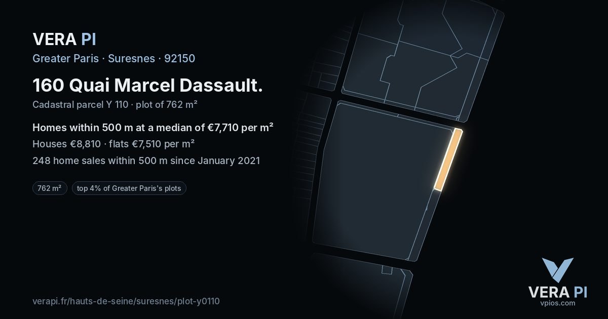 160 Quai Marcel Dassault, Suresnes at night – the plot lit, the parcels around coloured by the prices near them