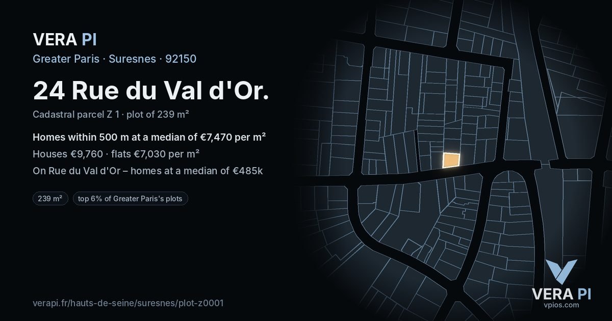 24 Rue du Val d'Or, Suresnes at night – the plot lit, the parcels around coloured by the prices near them