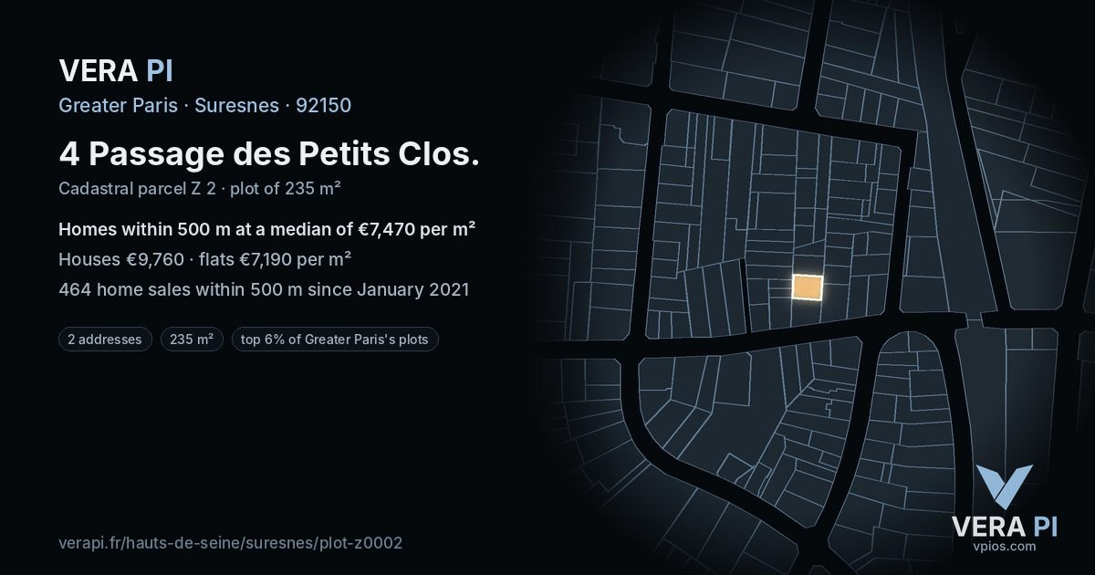 4 Passage des Petits Clos, Suresnes at night – the plot lit, the parcels around coloured by the prices near them