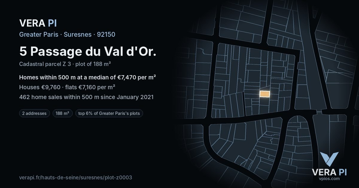 5 Passage du Val d'Or, Suresnes at night – the plot lit, the parcels around coloured by the prices near them