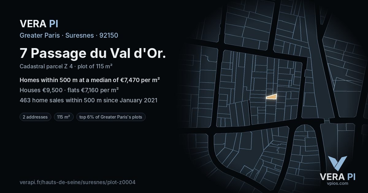 7 Passage du Val d'Or, Suresnes at night – the plot lit, the parcels around coloured by the prices near them