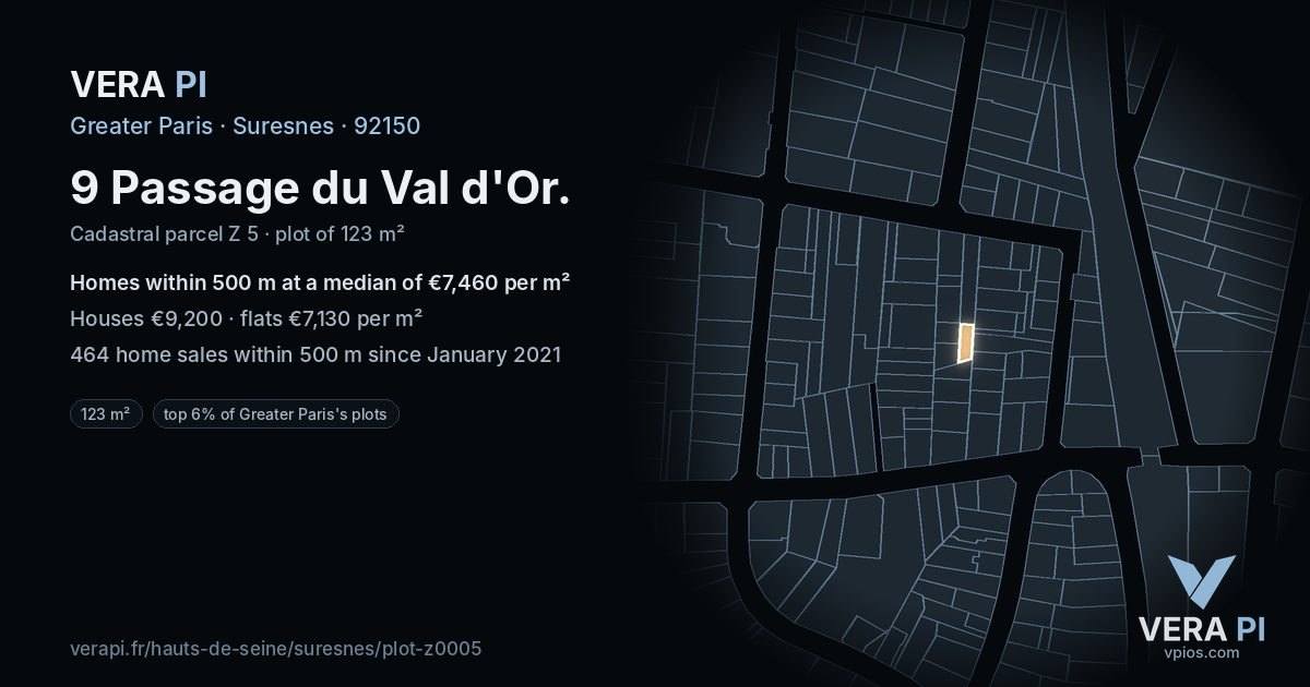 9 Passage du Val d'Or, Suresnes at night – the plot lit, the parcels around coloured by the prices near them