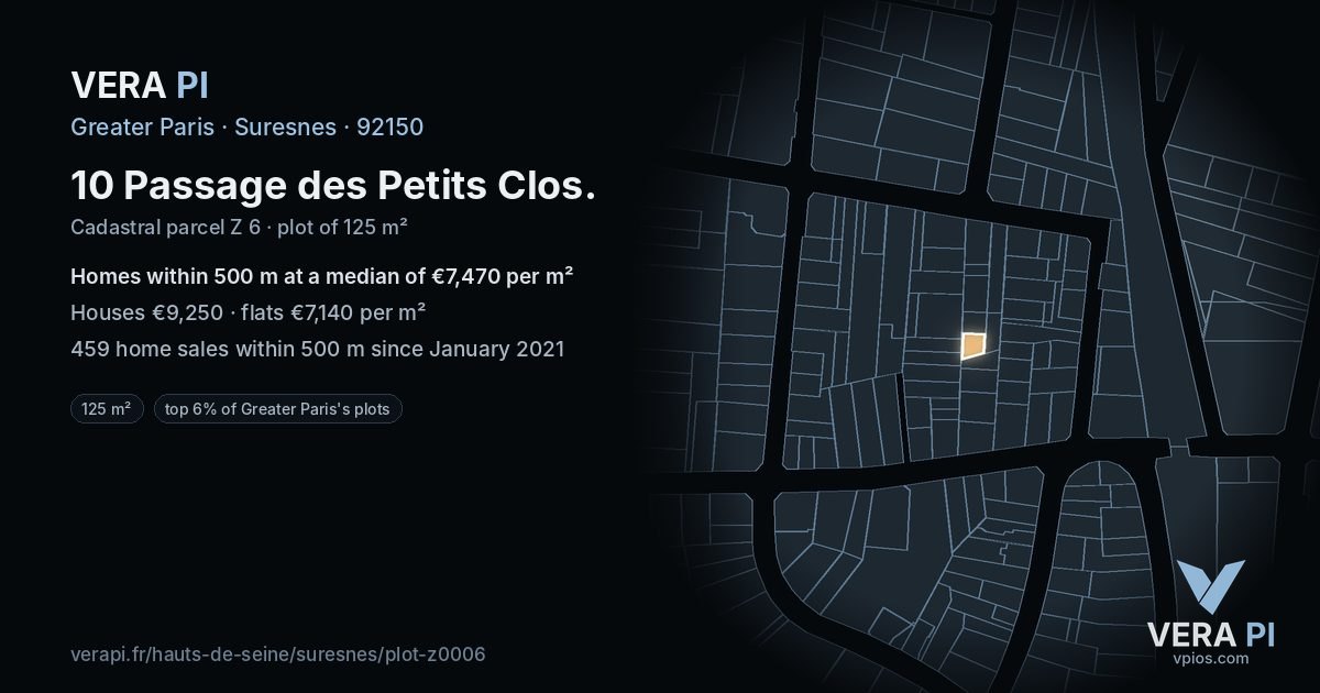 10 Passage des Petits Clos, Suresnes at night – the plot lit, the parcels around coloured by the prices near them
