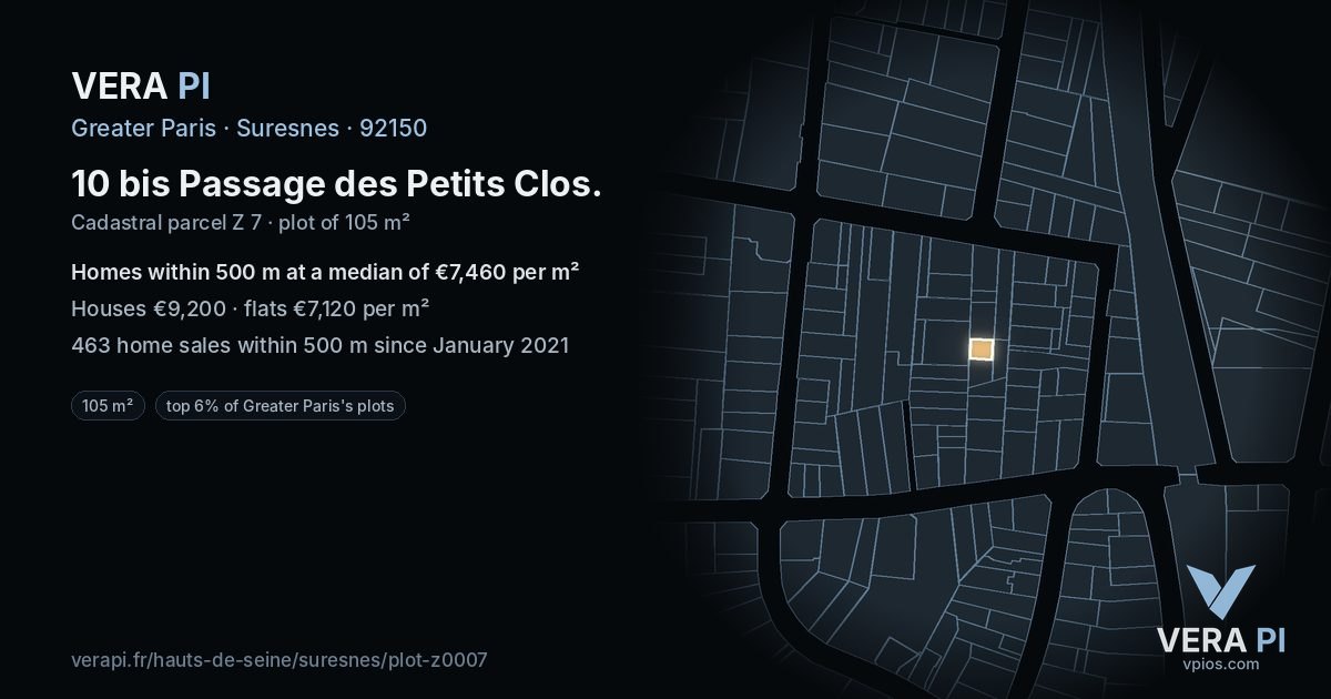 10 bis Passage des Petits Clos, Suresnes at night – the plot lit, the parcels around coloured by the prices near them