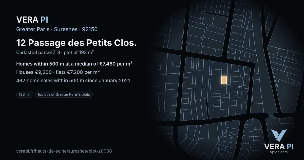 12 Passage des Petits Clos, Suresnes at night – the plot lit, the parcels around coloured by the prices near them