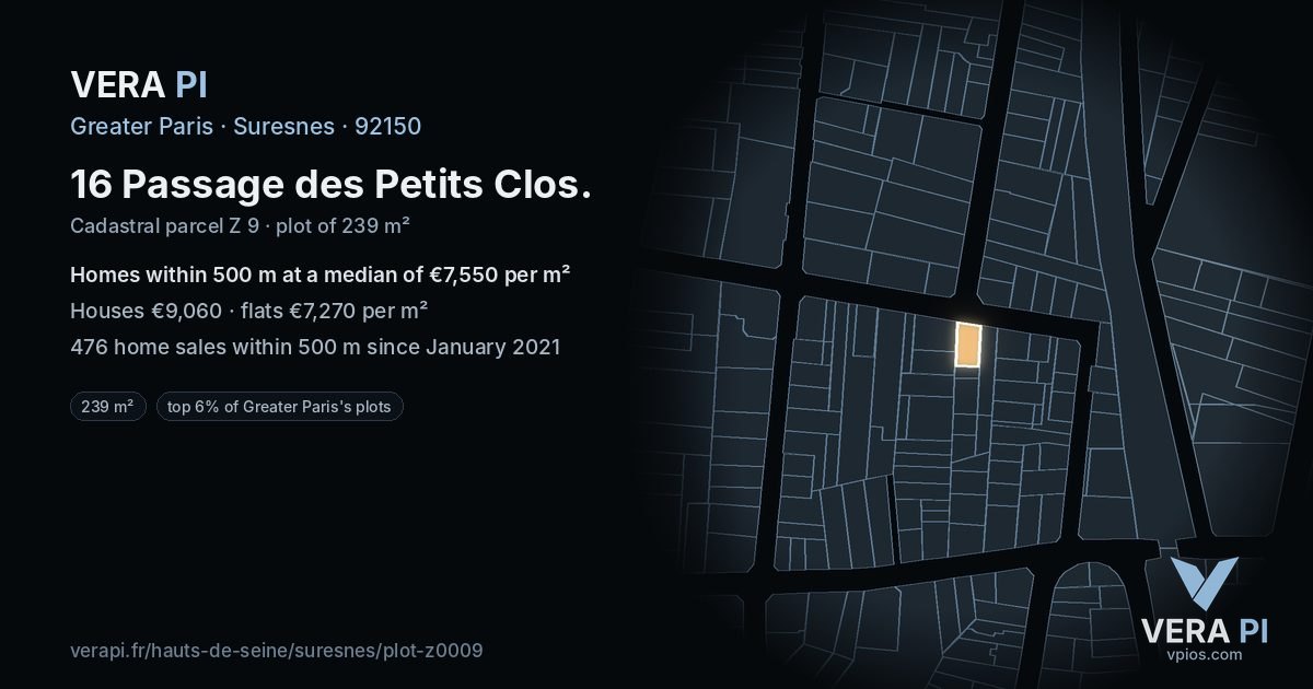 16 Passage des Petits Clos, Suresnes at night – the plot lit, the parcels around coloured by the prices near them