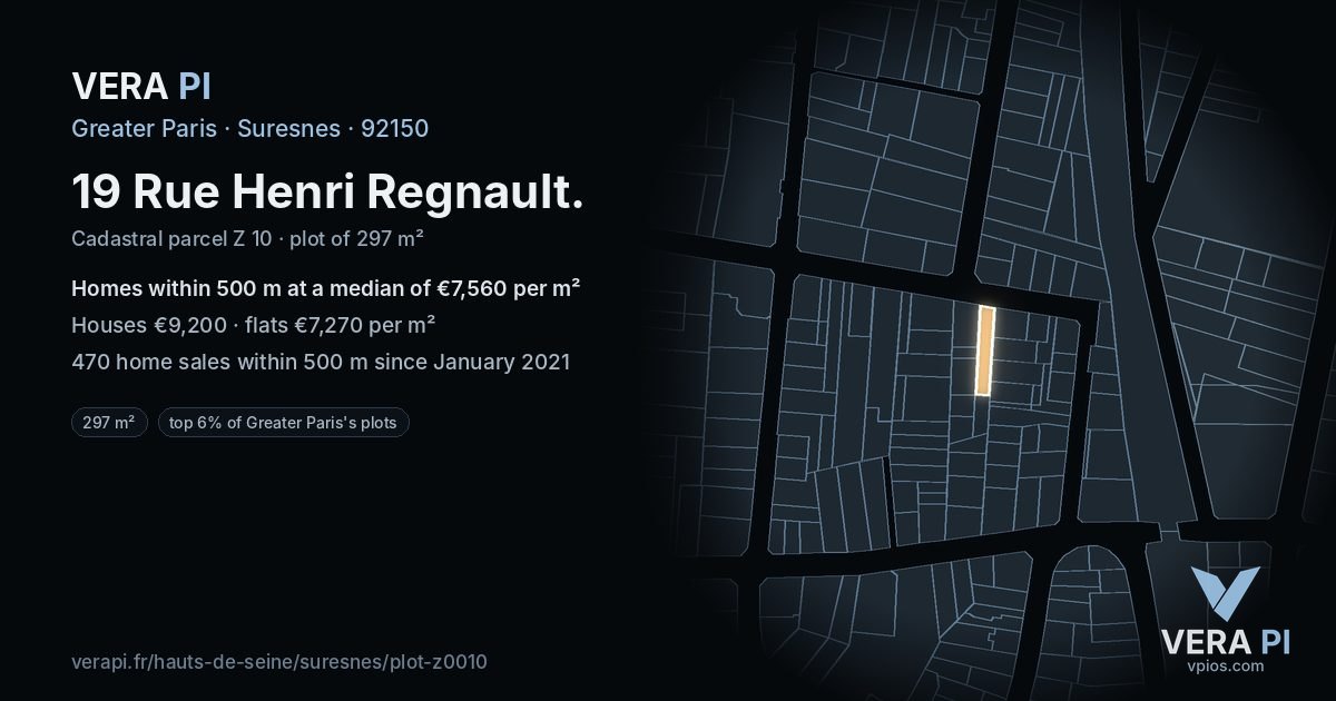 19 Rue Henri Regnault, Suresnes at night – the plot lit, the parcels around coloured by the prices near them