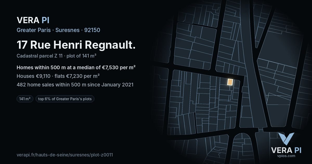 17 Rue Henri Regnault, Suresnes at night – the plot lit, the parcels around coloured by the prices near them
