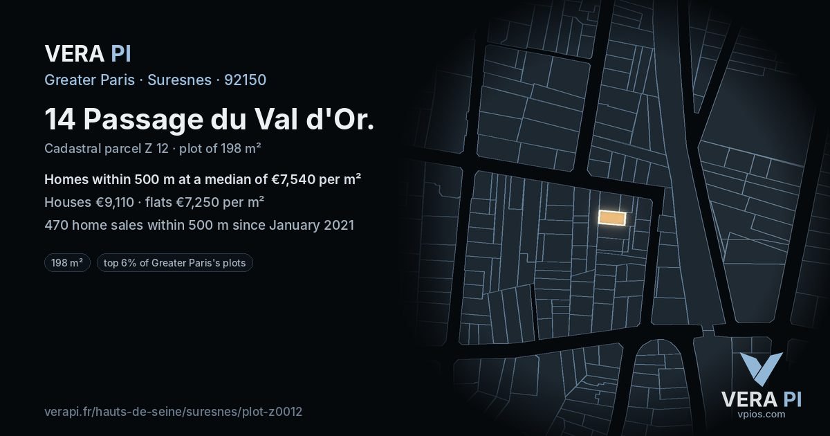 14 Passage du Val d'Or, Suresnes at night – the plot lit, the parcels around coloured by the prices near them