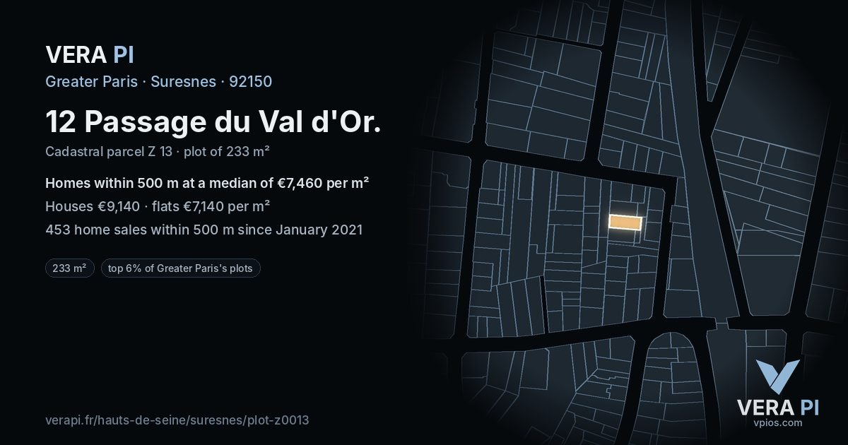 12 Passage du Val d'Or, Suresnes at night – the plot lit, the parcels around coloured by the prices near them