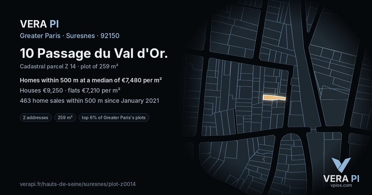 10 Passage du Val d'Or, Suresnes at night – the plot lit, the parcels around coloured by the prices near them