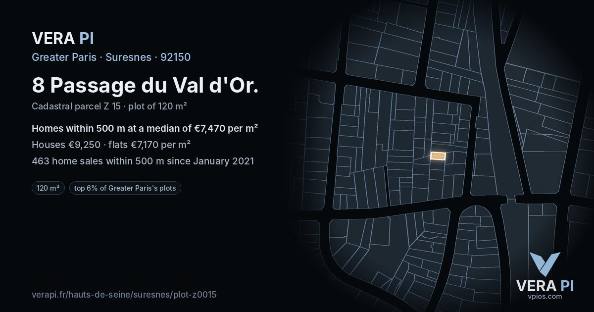 8 Passage du Val d'Or, Suresnes at night – the plot lit, the parcels around coloured by the prices near them