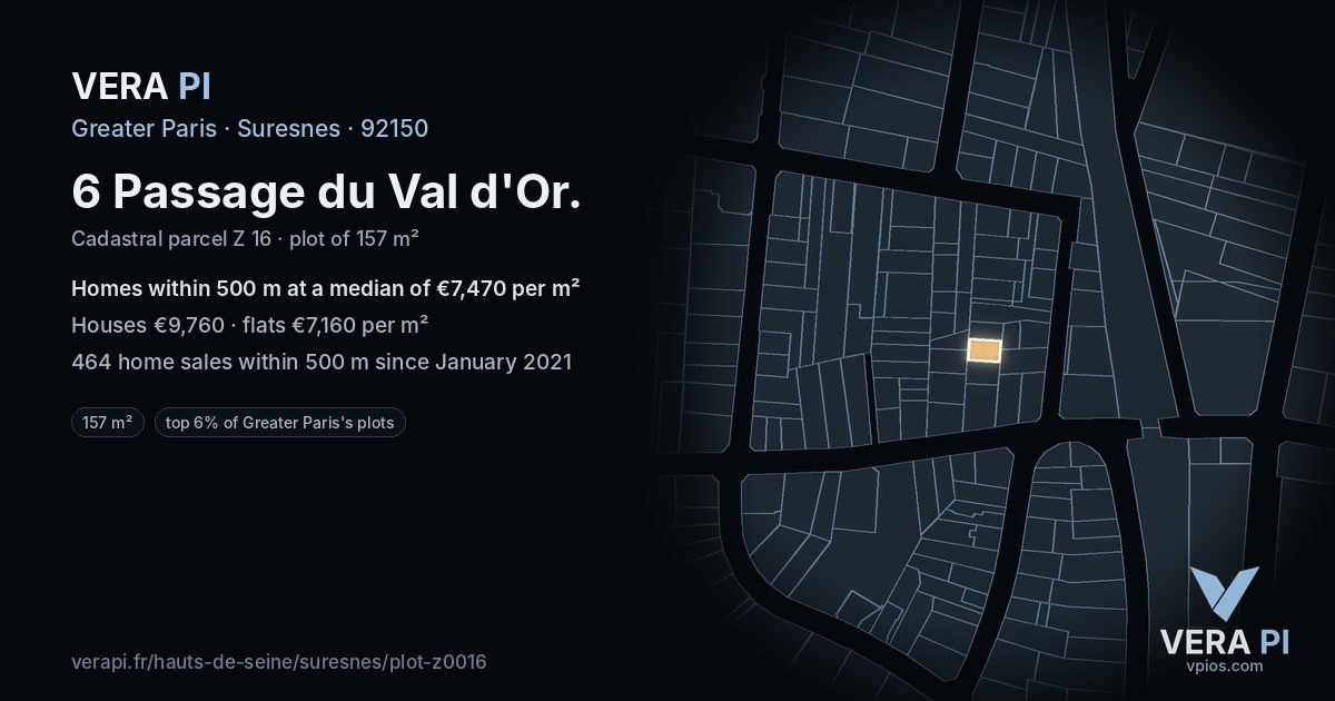 6 Passage du Val d'Or, Suresnes at night – the plot lit, the parcels around coloured by the prices near them