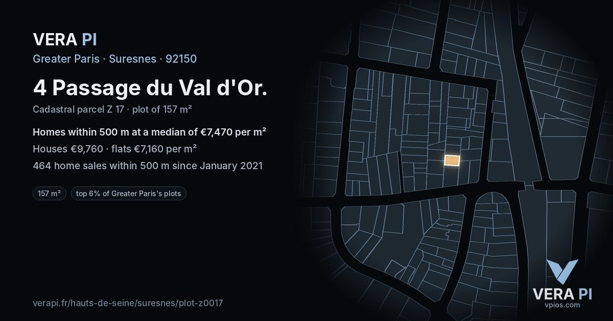 4 Passage du Val d'Or, Suresnes at night – the plot lit, the parcels around coloured by the prices near them