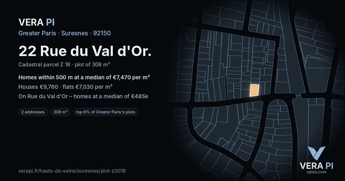 22 Rue du Val d'Or, Suresnes at night – the plot lit, the parcels around coloured by the prices near them