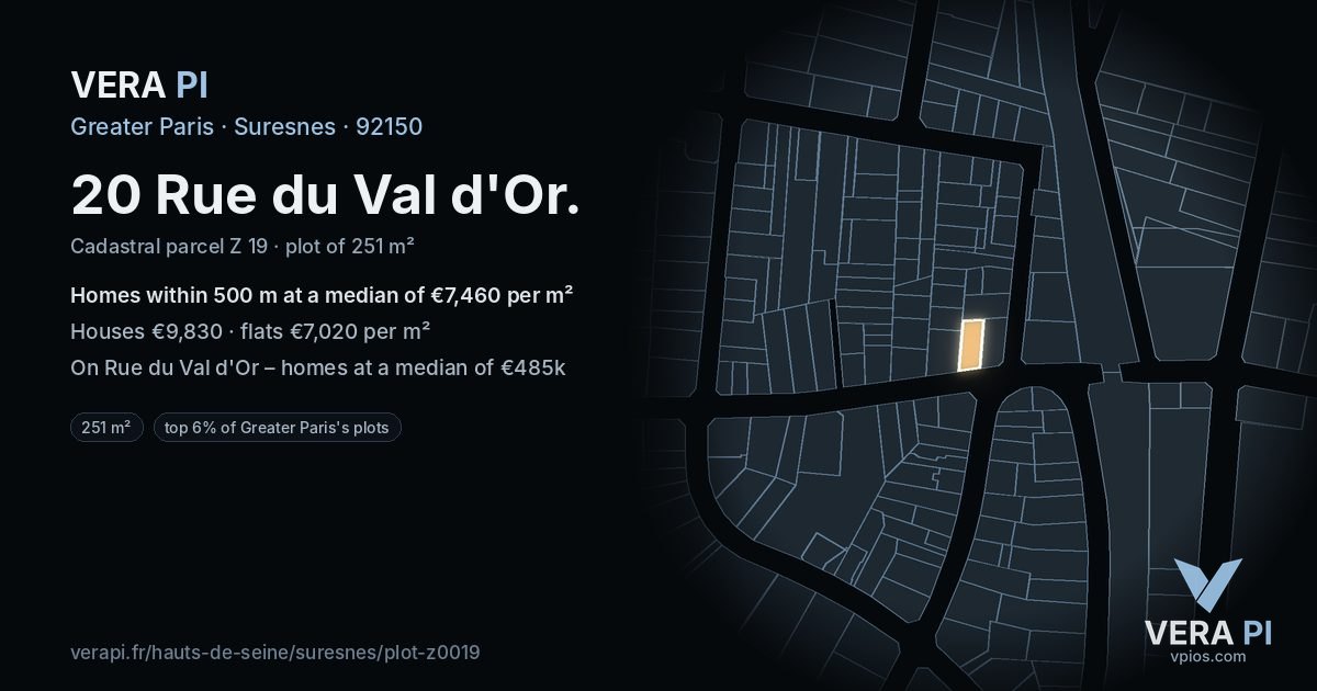 20 Rue du Val d'Or, Suresnes at night – the plot lit, the parcels around coloured by the prices near them