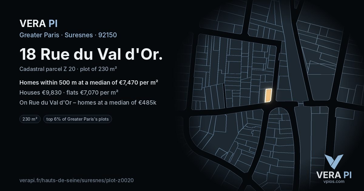 18 Rue du Val d'Or, Suresnes at night – the plot lit, the parcels around coloured by the prices near them