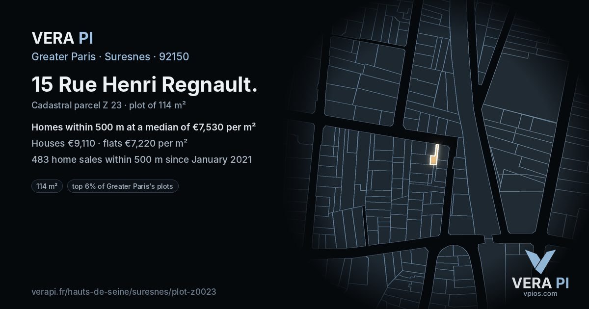 15 Rue Henri Regnault, Suresnes at night – the plot lit, the parcels around coloured by the prices near them