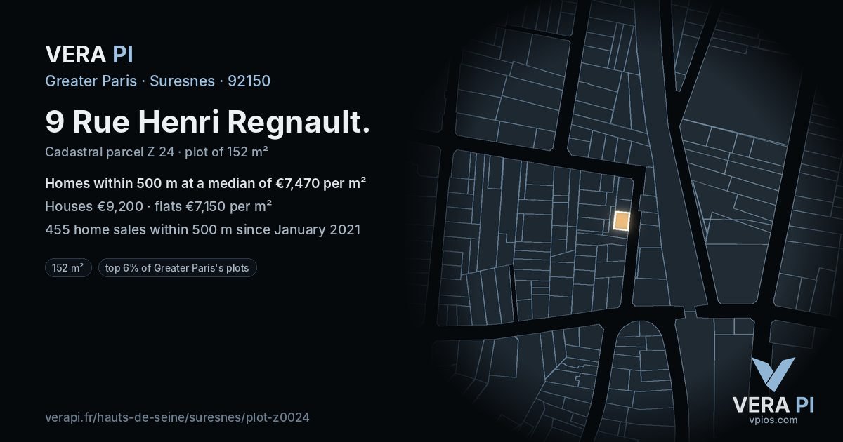 9 Rue Henri Regnault, Suresnes at night – the plot lit, the parcels around coloured by the prices near them