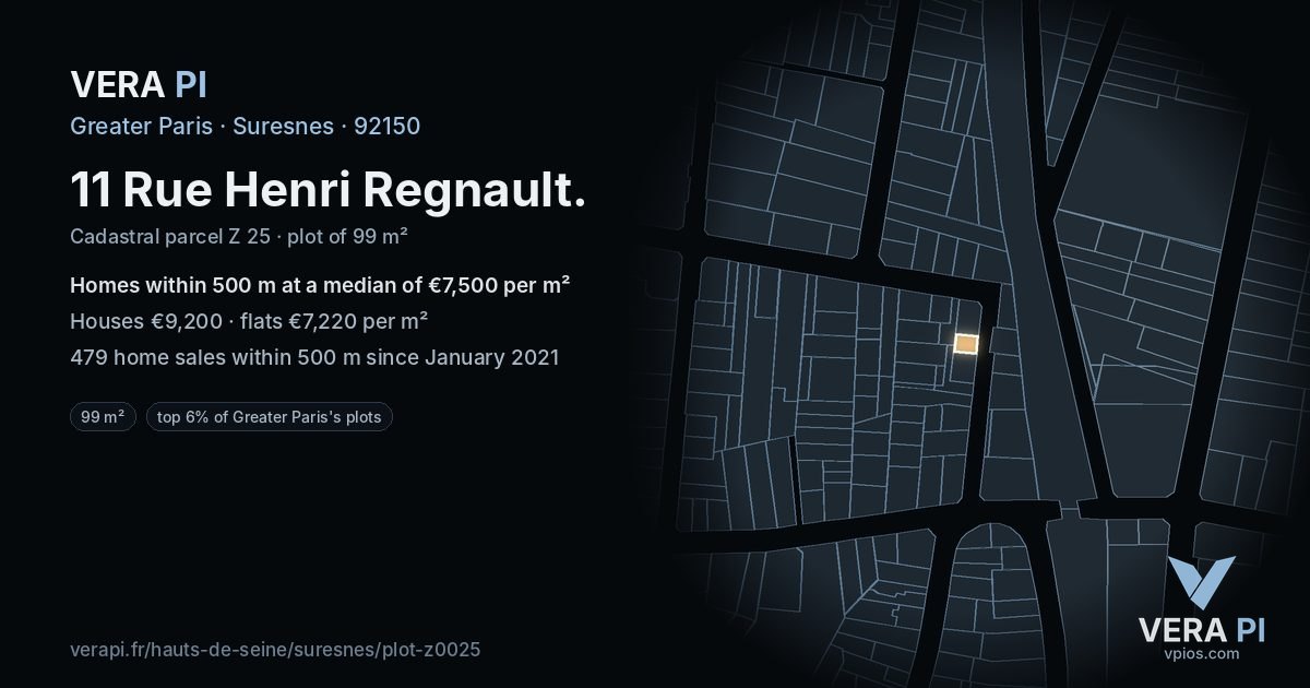 11 Rue Henri Regnault, Suresnes at night – the plot lit, the parcels around coloured by the prices near them