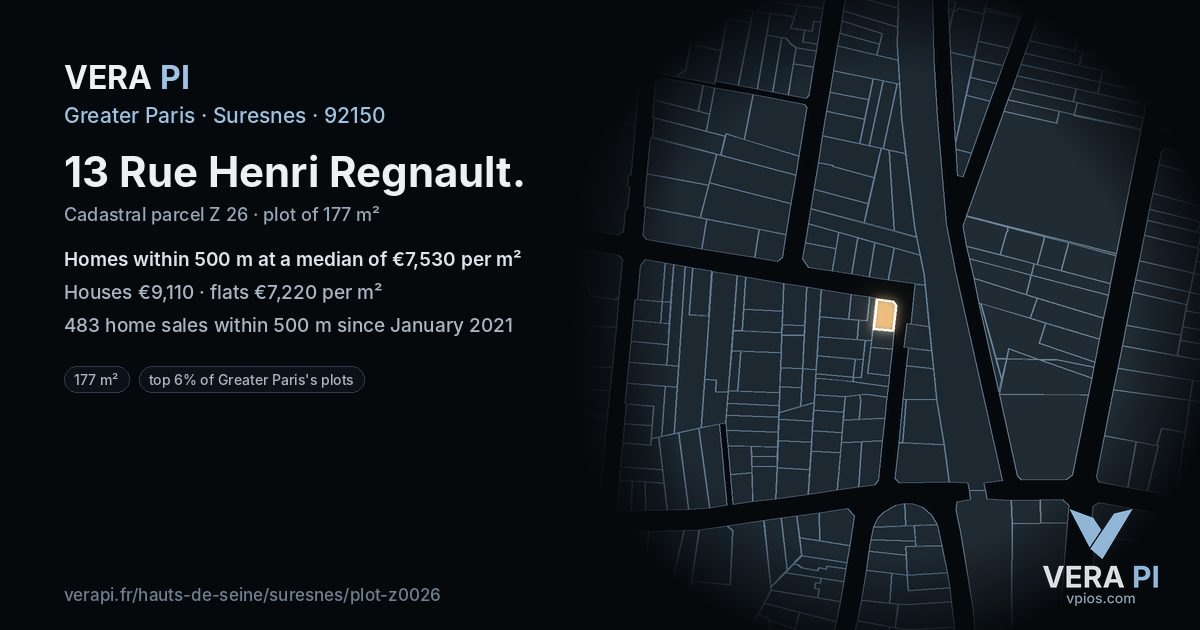 13 Rue Henri Regnault, Suresnes at night – the plot lit, the parcels around coloured by the prices near them