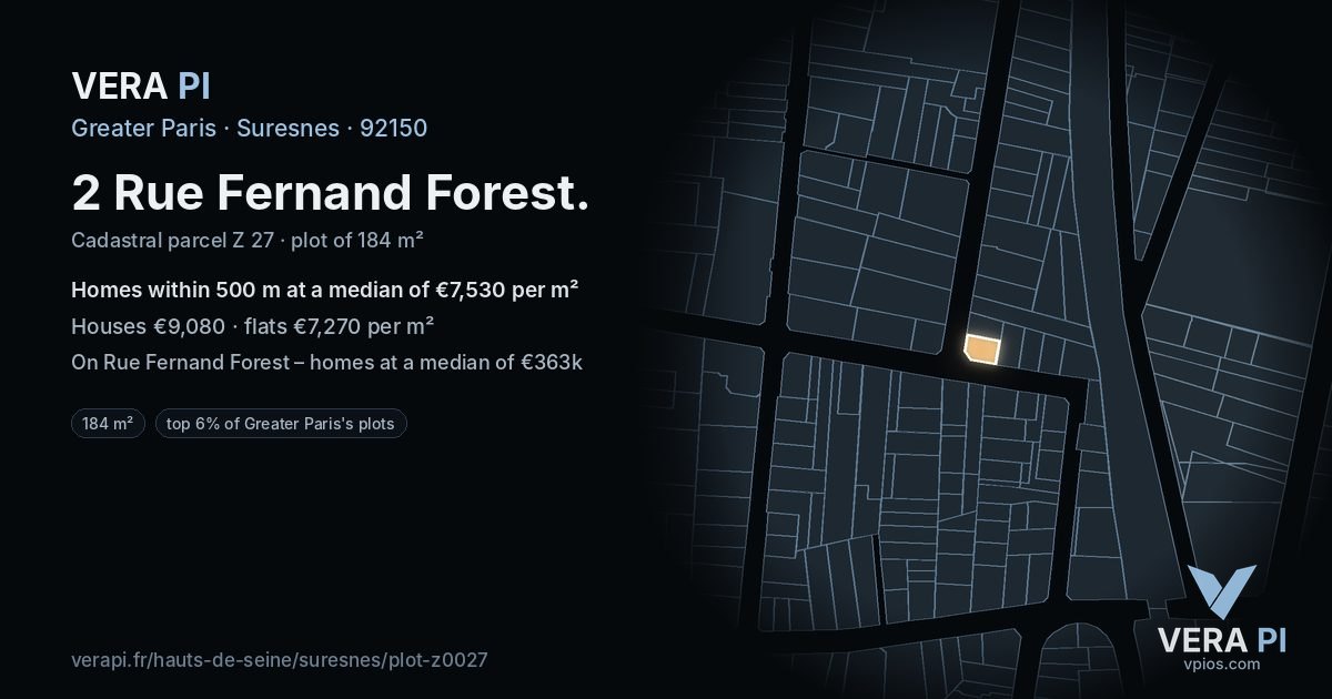 2 Rue Fernand Forest, Suresnes at night – the plot lit, the parcels around coloured by the prices near them