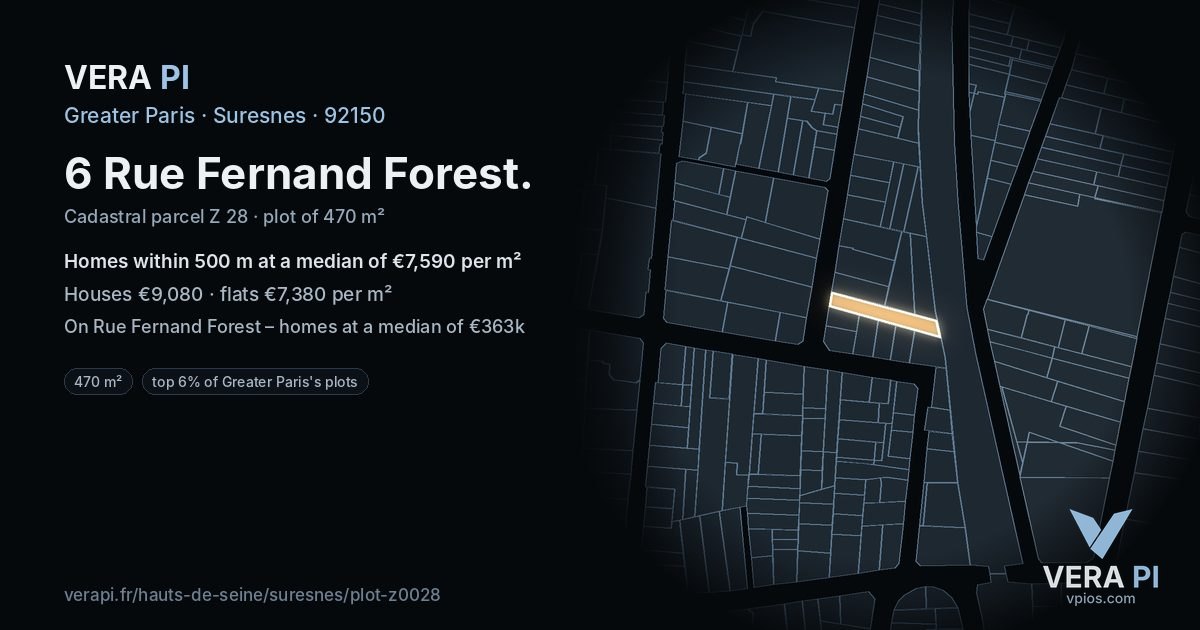 6 Rue Fernand Forest, Suresnes at night – the plot lit, the parcels around coloured by the prices near them