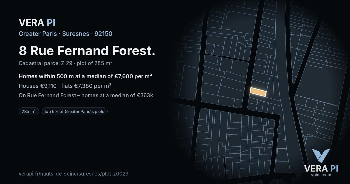 8 Rue Fernand Forest, Suresnes at night – the plot lit, the parcels around coloured by the prices near them
