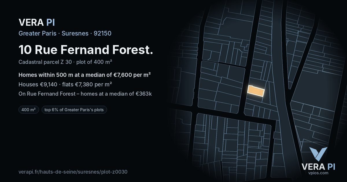 10 Rue Fernand Forest, Suresnes at night – the plot lit, the parcels around coloured by the prices near them