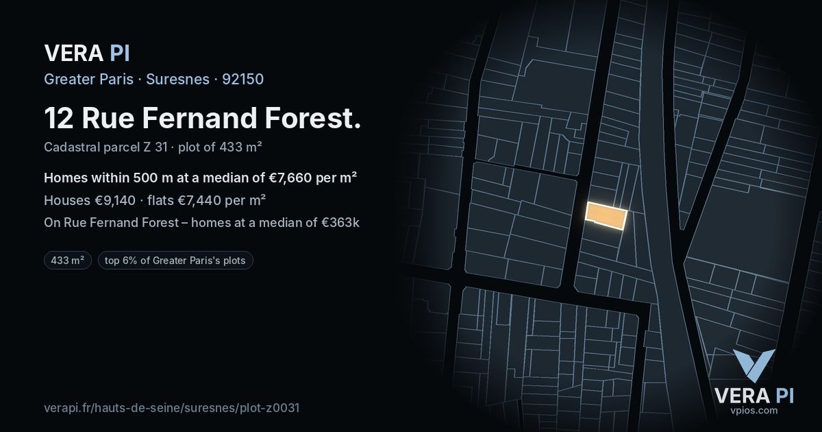 12 Rue Fernand Forest, Suresnes at night – the plot lit, the parcels around coloured by the prices near them