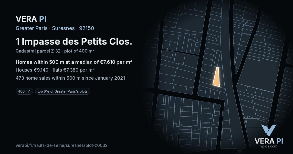 1 Impasse des Petits Clos, Suresnes at night – the plot lit, the parcels around coloured by the prices near them