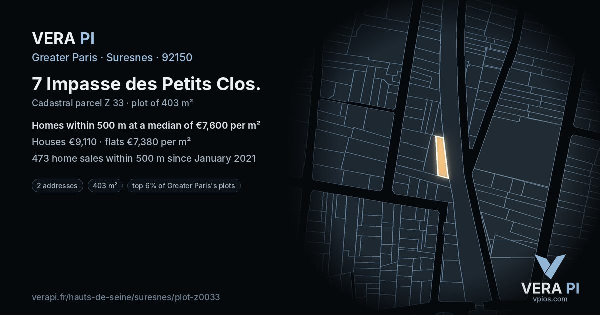 7 Impasse des Petits Clos, Suresnes at night – the plot lit, the parcels around coloured by the prices near them