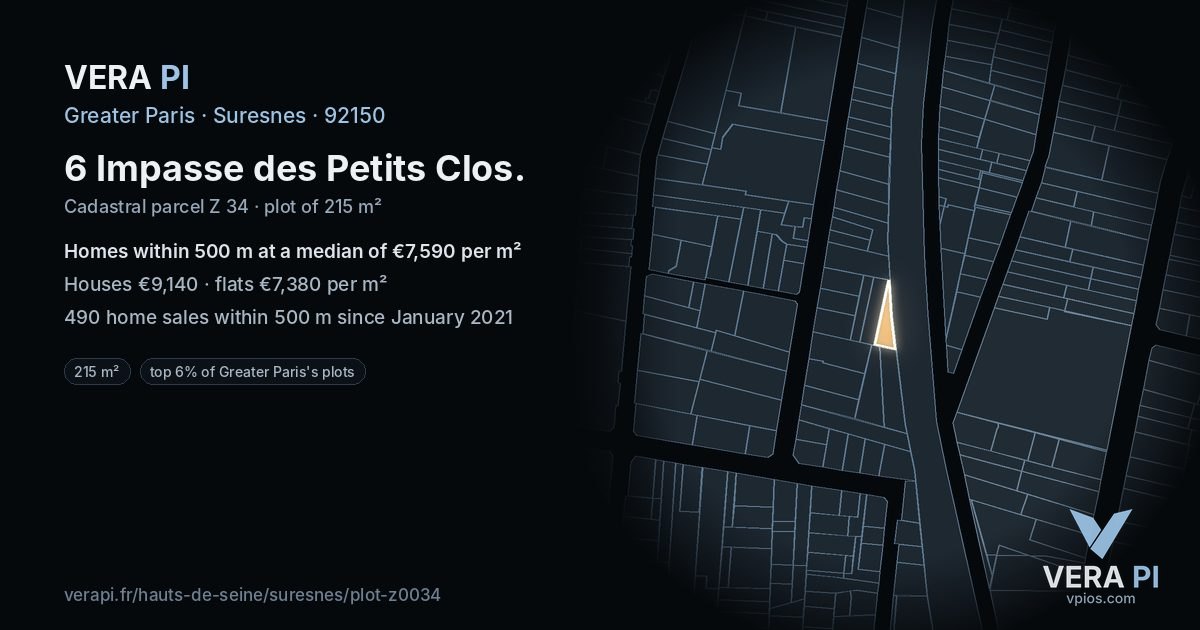 6 Impasse des Petits Clos, Suresnes at night – the plot lit, the parcels around coloured by the prices near them