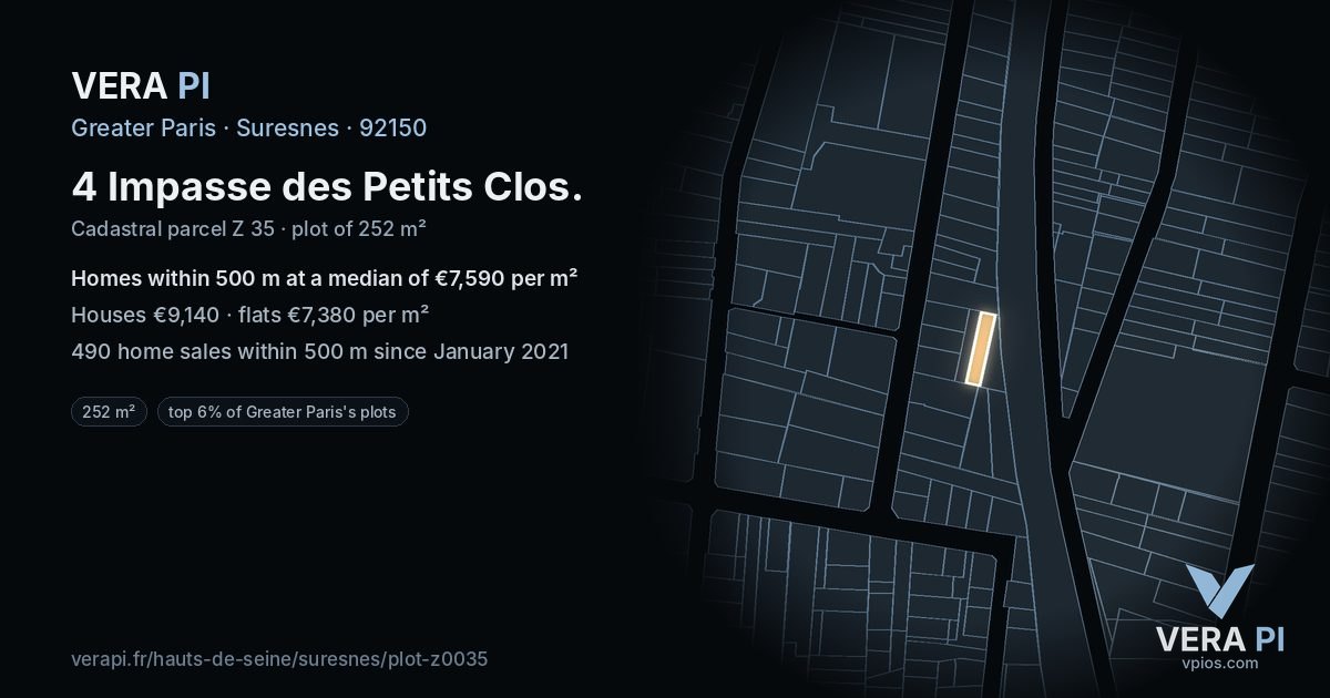 4 Impasse des Petits Clos, Suresnes at night – the plot lit, the parcels around coloured by the prices near them