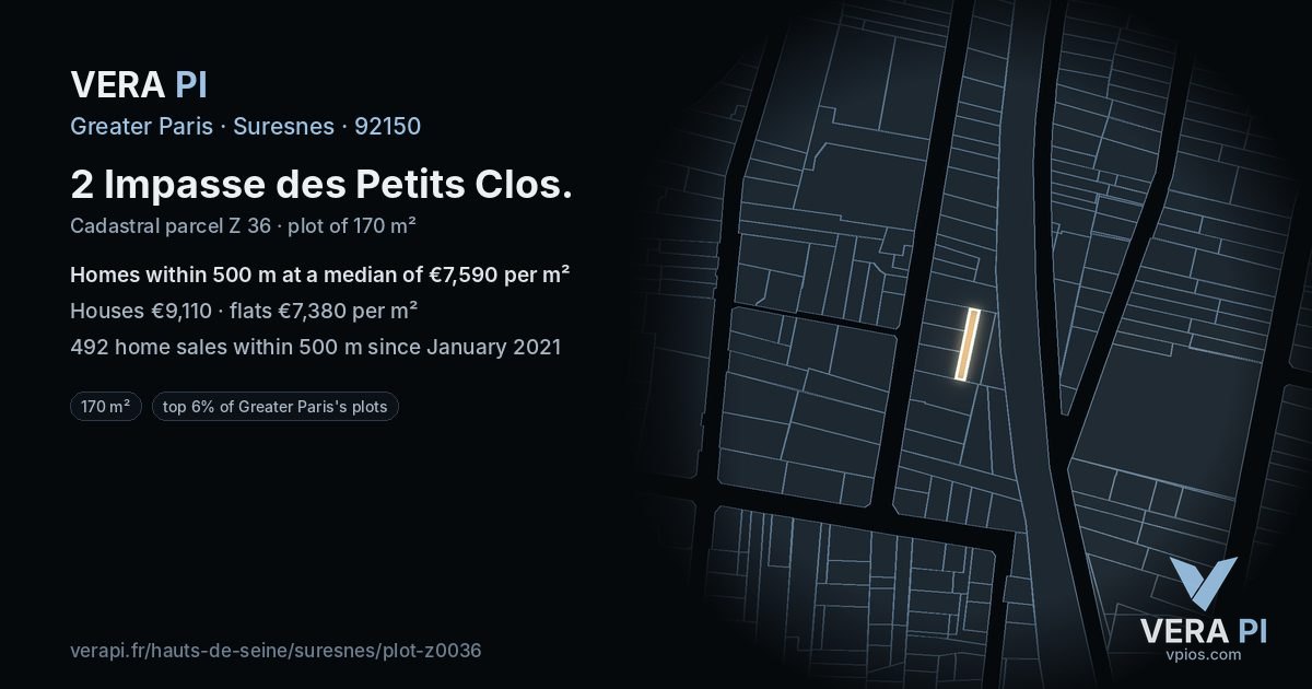 2 Impasse des Petits Clos, Suresnes at night – the plot lit, the parcels around coloured by the prices near them