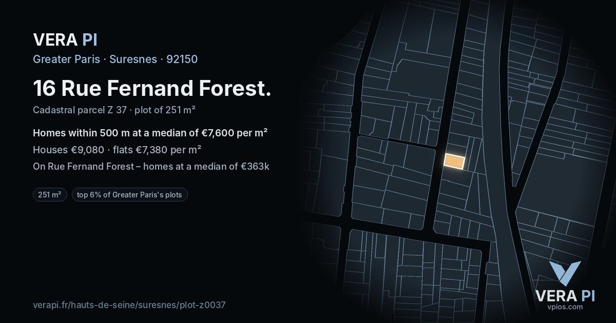 16 Rue Fernand Forest, Suresnes at night – the plot lit, the parcels around coloured by the prices near them