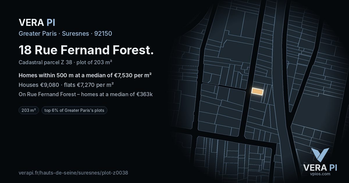 18 Rue Fernand Forest, Suresnes at night – the plot lit, the parcels around coloured by the prices near them