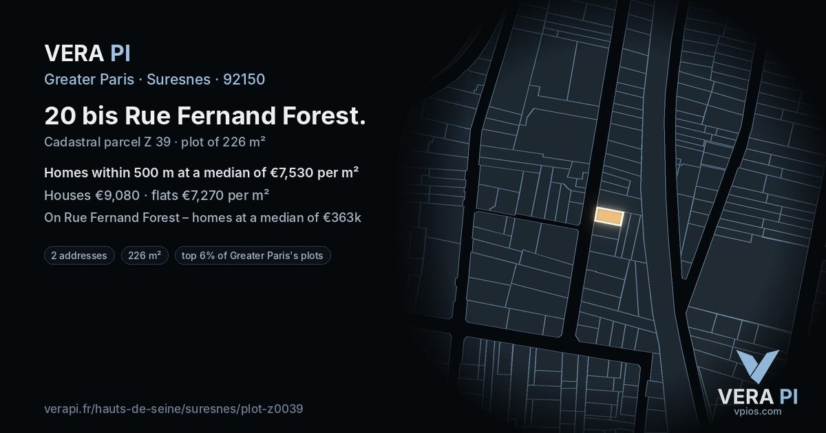 20 bis Rue Fernand Forest, Suresnes at night – the plot lit, the parcels around coloured by the prices near them