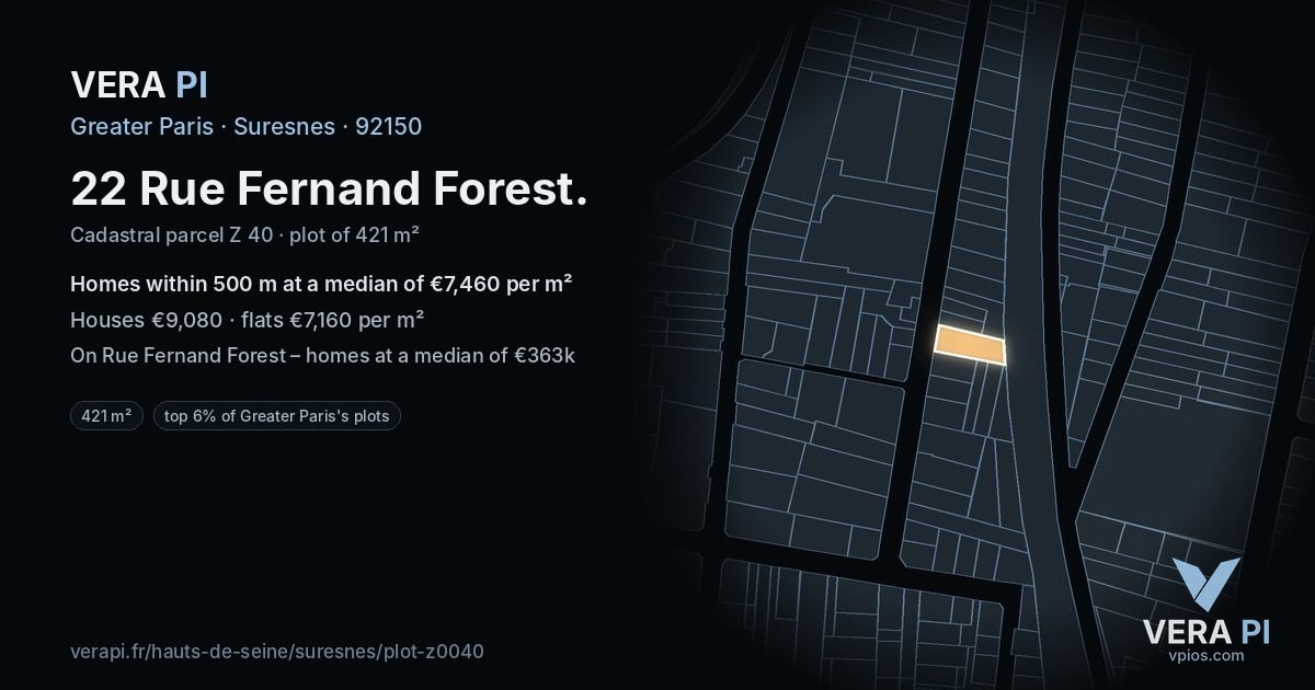 22 Rue Fernand Forest, Suresnes at night – the plot lit, the parcels around coloured by the prices near them