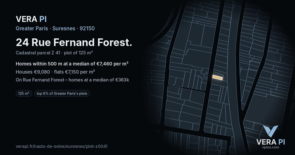 24 Rue Fernand Forest, Suresnes at night – the plot lit, the parcels around coloured by the prices near them