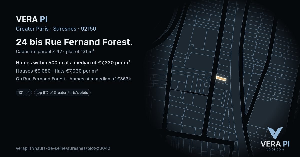 24 bis Rue Fernand Forest, Suresnes at night – the plot lit, the parcels around coloured by the prices near them