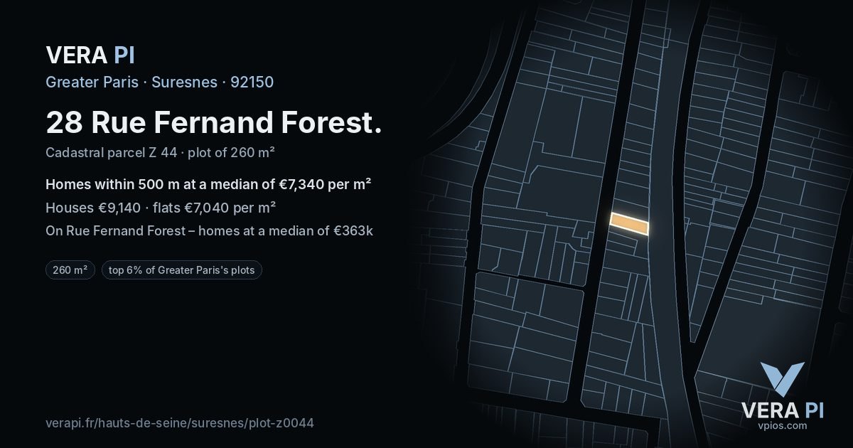 28 Rue Fernand Forest, Suresnes at night – the plot lit, the parcels around coloured by the prices near them