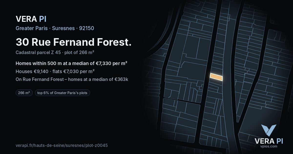 30 Rue Fernand Forest, Suresnes at night – the plot lit, the parcels around coloured by the prices near them