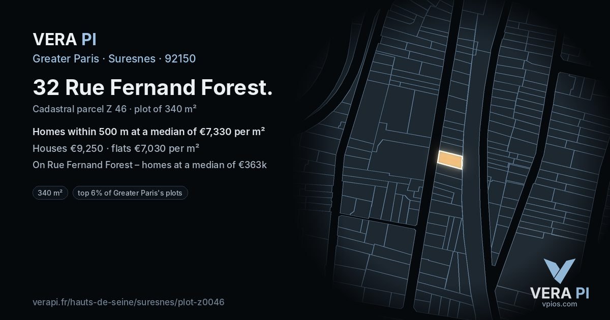 32 Rue Fernand Forest, Suresnes at night – the plot lit, the parcels around coloured by the prices near them