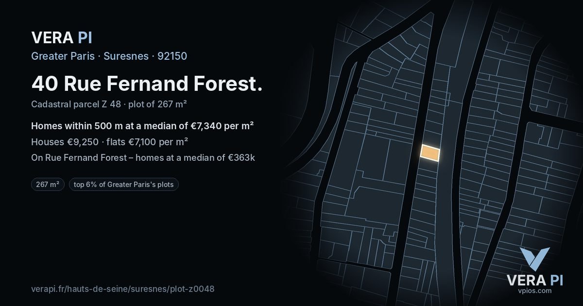 40 Rue Fernand Forest, Suresnes at night – the plot lit, the parcels around coloured by the prices near them