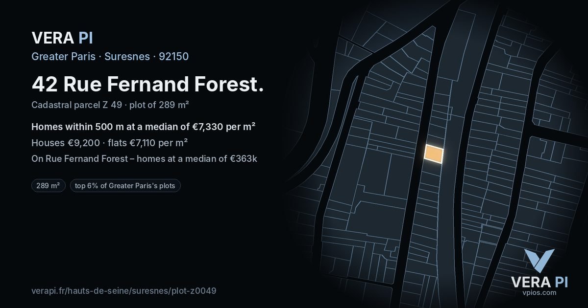 42 Rue Fernand Forest, Suresnes at night – the plot lit, the parcels around coloured by the prices near them