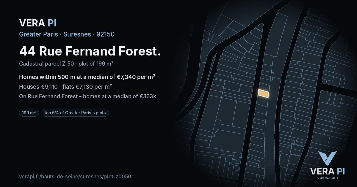 44 Rue Fernand Forest, Suresnes at night – the plot lit, the parcels around coloured by the prices near them
