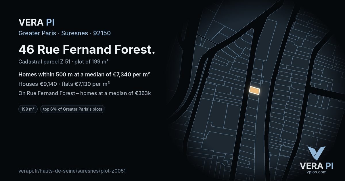 46 Rue Fernand Forest, Suresnes at night – the plot lit, the parcels around coloured by the prices near them